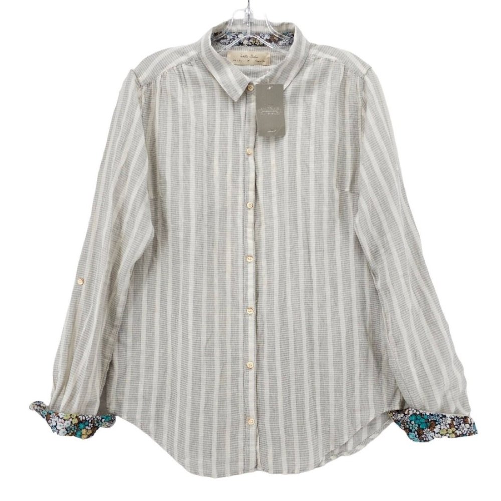 Anthropologie Isabella Sinclair Shirt Gray Ivory Lace Insert Floral Cuff MEDIUM
